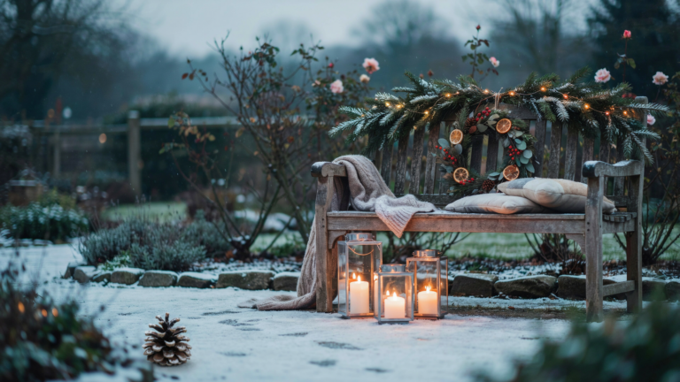 14 festliche Ideen, die Gartenbank weihnachtlich zu dekorieren